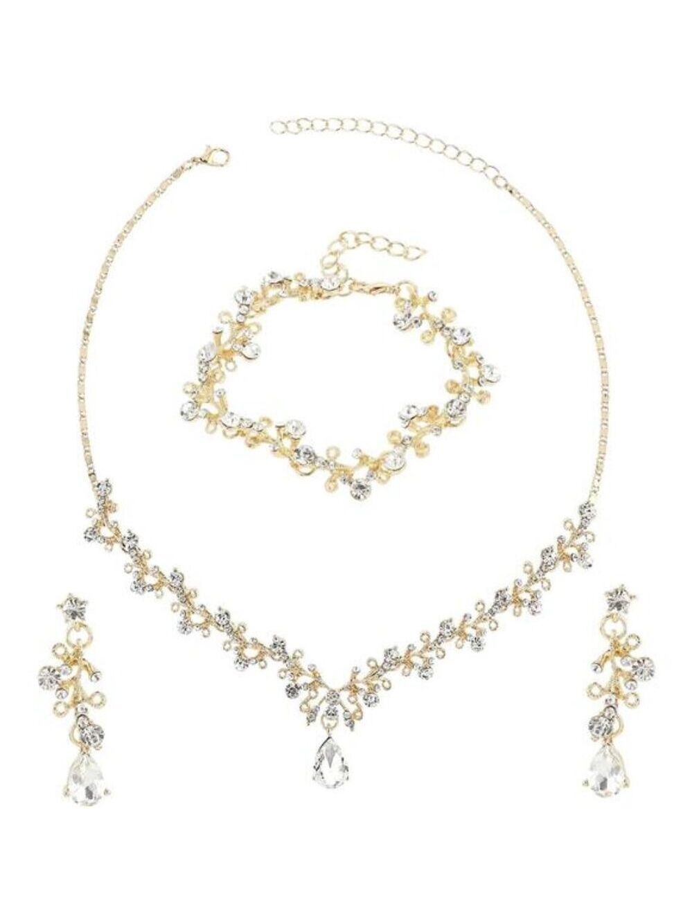 Rhinestone Wedding Jewelry Set Bridal Necklace Bracelet Earrings Prom Gift Women